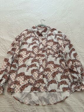 Tiger Print Button-Up Shirt in White and Rust